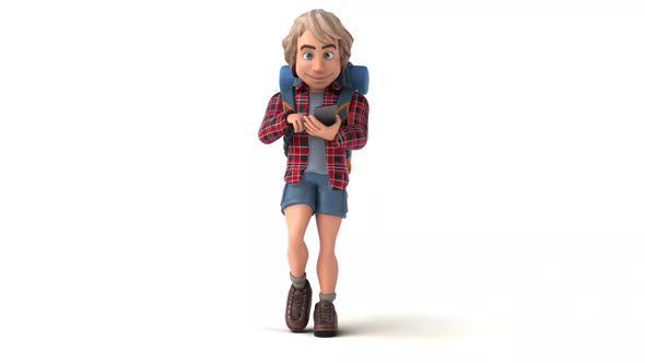 Fun 3D cartoon backpacker walking with a smartphone