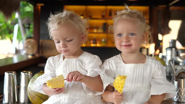 Portrait of Two Sweet Caucasian Girls in White Matching Dresses Having Pineapple Stick Licking It