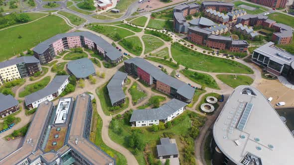 Aerial footage of the large university buildings known as Constantine College in the City of York UK