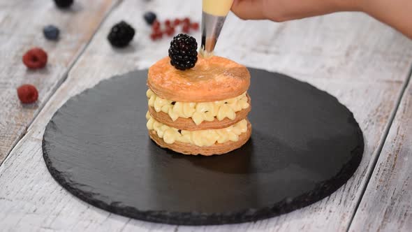 French dessert millefeuille of puff pastry and custard cream.	