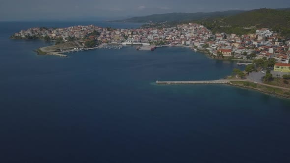 Beautiful drone view on seashore and city beaches in Halkidiki, Greece
