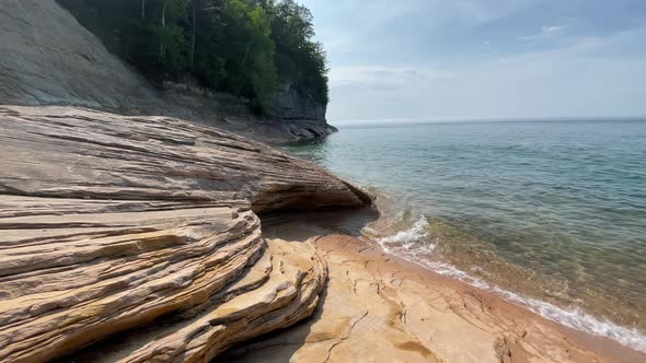 Pictured Rocks Lakeshore Rock Formations On Lake Superior With Trees Sunny Day Michigan Summer