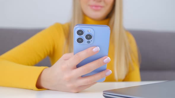 Young woman using modern smart phone for communication online in 4k video