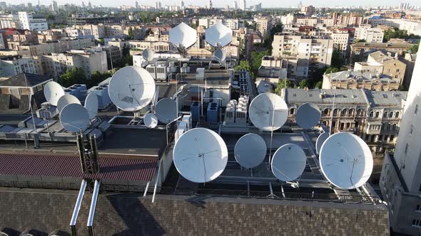 TV Antennas on the Roof of the Building. Aerial. Kyiv, Ukraine