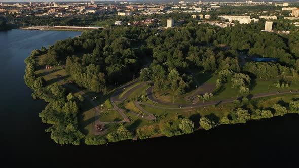 Top View of the City Park and Sports Complex in Chizhovka, Recreation Park with Bike Paths in Minsk