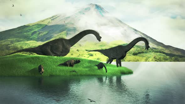 Diplodocus drinking water from the lake