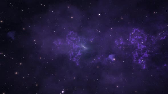 Space Travel Throug Blue and Purple Nebula Clouds and Star Clusters Dust