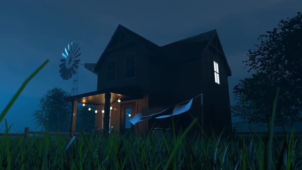 Ufo hangs above the wooden building and shoots a bright light beam. Render 4k