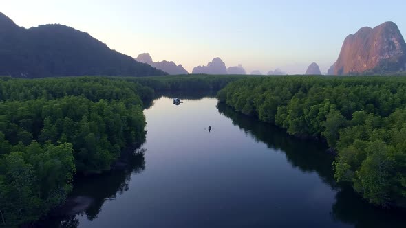 Aerial view drone shot of beautiful sunrise sky in the morning sunrise Drone is flying over sea