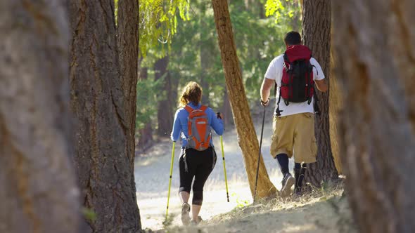 Couple hiking outdoors through trees