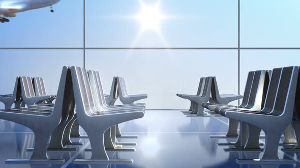 Passenger Airplane Landing As Seen From Departure Hall Through Windows alt