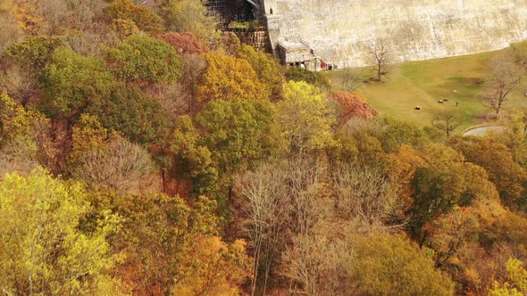 drone dolly in shot towards the waterfalls, just over the fall colored tree tops at the New Croton D