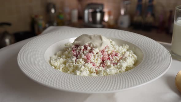 Fresh cottage cheese with sour cream in white plate rotates