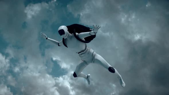 A Autonomus Cyborg Robot Skydiver Is Flying Above White Clouds 4k