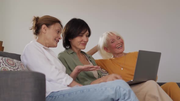 Positive mature women looking at laptop