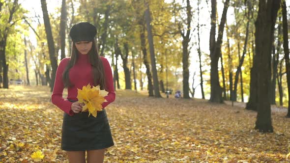 Lady Stands with Maple Leaves and Looks at the Sky in Sunny Autumn Park