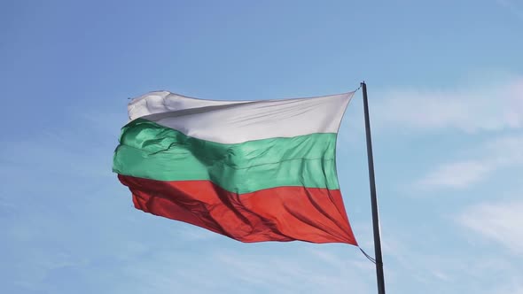 Bulgarian Tricolour Banner Waving on Flagpole 