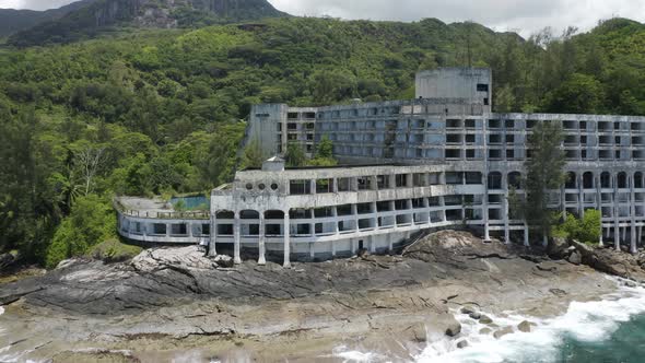 Aerial view of an abandoned beach hotel, Port Glaud, Seychelles.
