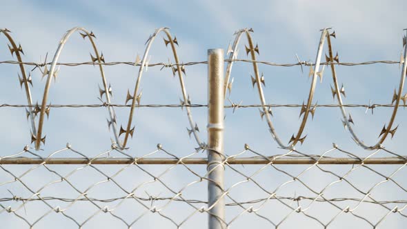 Endless view at the top of prison or airport fence on blue sky background. 4k HD