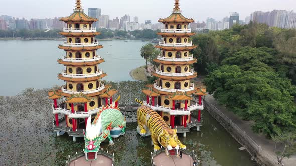 Clockwise Circular Motion Front View of Spectacular Dragon And Tiger Pagodas Temple With Seven Story