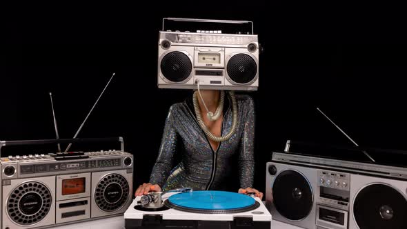 Woman with Ghettoblaster As a Head Djing