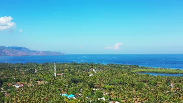 Daytime overhead copy space shot of a sunshine white sandy paradise beach and blue water background 