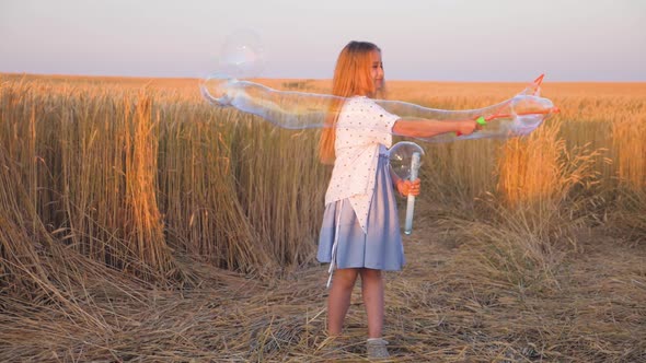 Little Girl Blowing Soap Bubbles in Wheat Field at Sunset Time. Slow Motion Video.