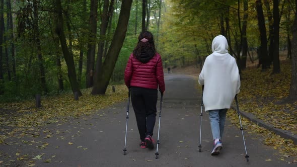 Wide Shot Back View of Two Confident Mature Women Walking in Autumn Park with Ski Poles