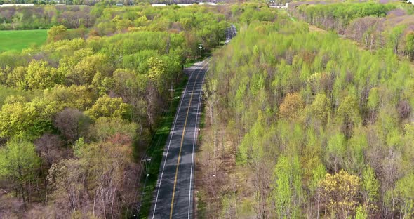 Aerial panoramic view of a highway road in the middle of the forest