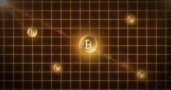 Five golden bitcoins over yellow grid against space alt