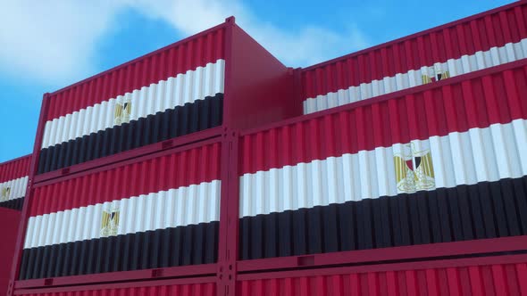 Egypt flag containers are located at the container terminal. Egypt export or import concept, 4K