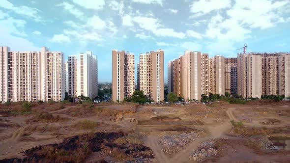 Extreme Wide Drone shot of buildings on a cloudy day in India