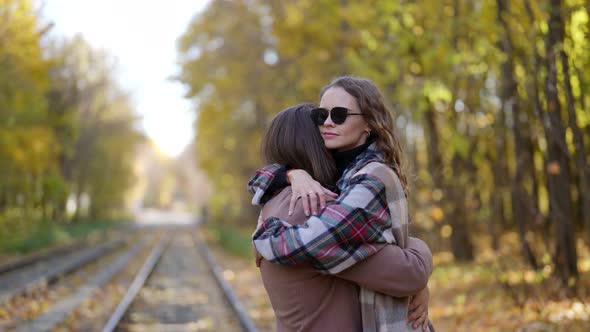 Happy Woman in Hug of Her Beloved Man Romantic Date in Autumn Park