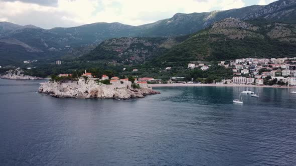 Aerial View of Sveti Stefan Beach and Island