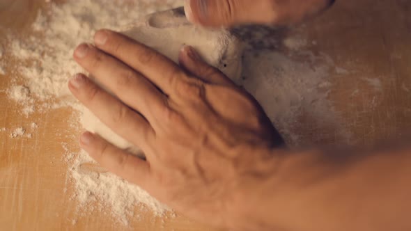 Chef With Flour Make Pasta. Baker’s Hands On Cuisine Preparing Bread Or Pie. Restaurant On Cafe.