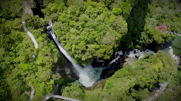 Aerial view of waterfall in Banos, Ecuador.