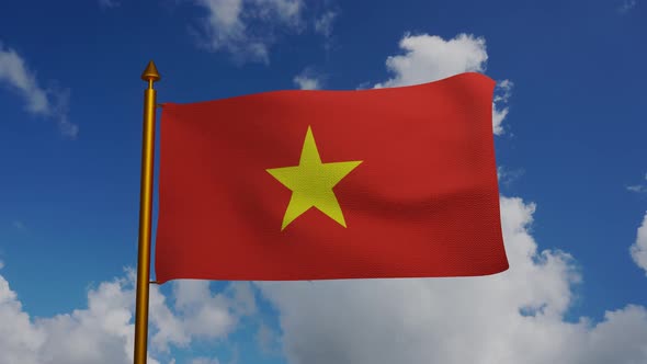 National flag of Vietnam waving with flagpole and blue sky timelapse