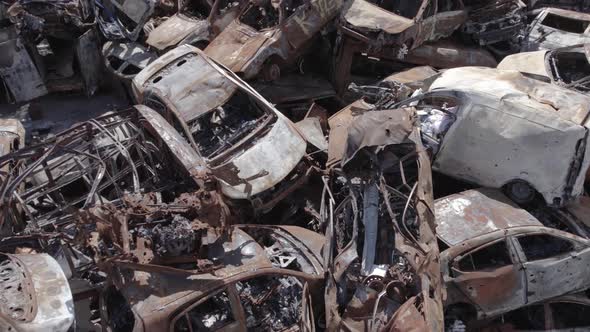 War in Ukraine a Dump of Shot and Burned Cars in Irpin