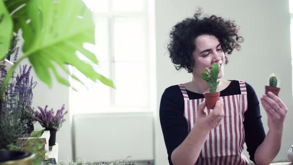 Young florist looking at two cactuses