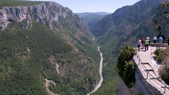 Tourists on the viewpoint at Verdon Gorge (Gorges du Verdon) in Provence, France