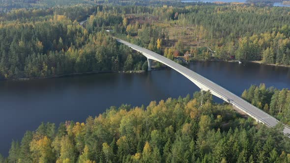 Aerial View of the Lake Saimaa with the Long Bridge Across