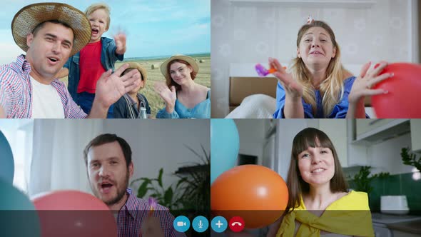 Group Friends and Family Uses Video Conferencing Technology People with Festive Pipes and Balloons