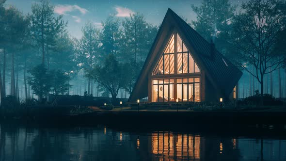Triangular Modern Lake House In Misty Forest