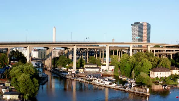 Stockholm, Scandinavia, Sweden. Aerial drone summer flying over bridges of lake Årstaviken