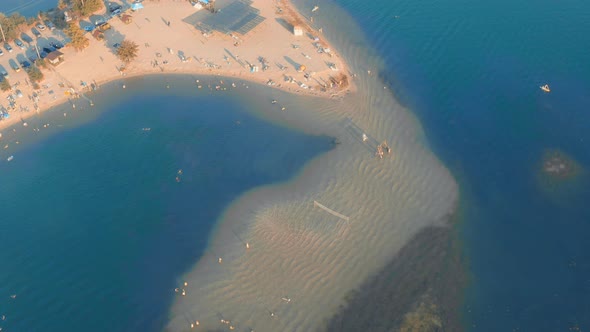 Summer Beach Resort Yellow Sandy Beach Surrounded By Blue Azure Water Established Shot