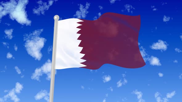 Qatar National Flag Flying Wave In The Sky With Clouds