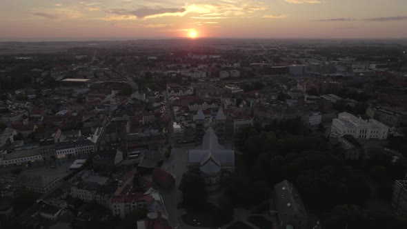 Aerial view of Lund, Sweden. Drone pan left