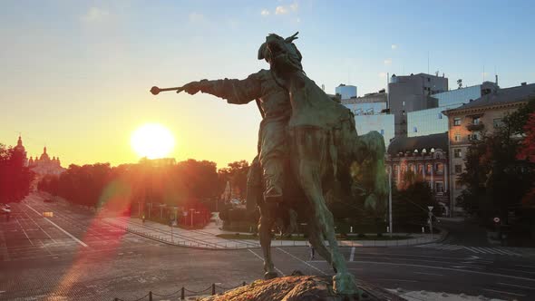 Monument To Bogdan Khmelnitsky in the Morning at Dawn. Aerial View.