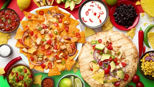 An Overhead Photo of an Assortment of Many Different Mexican Foods on a Table