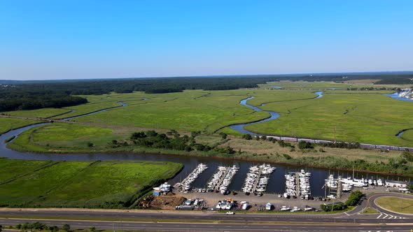 Panoramic High Angle Drone View of the Beautiful Marina in Beach Boats Piers